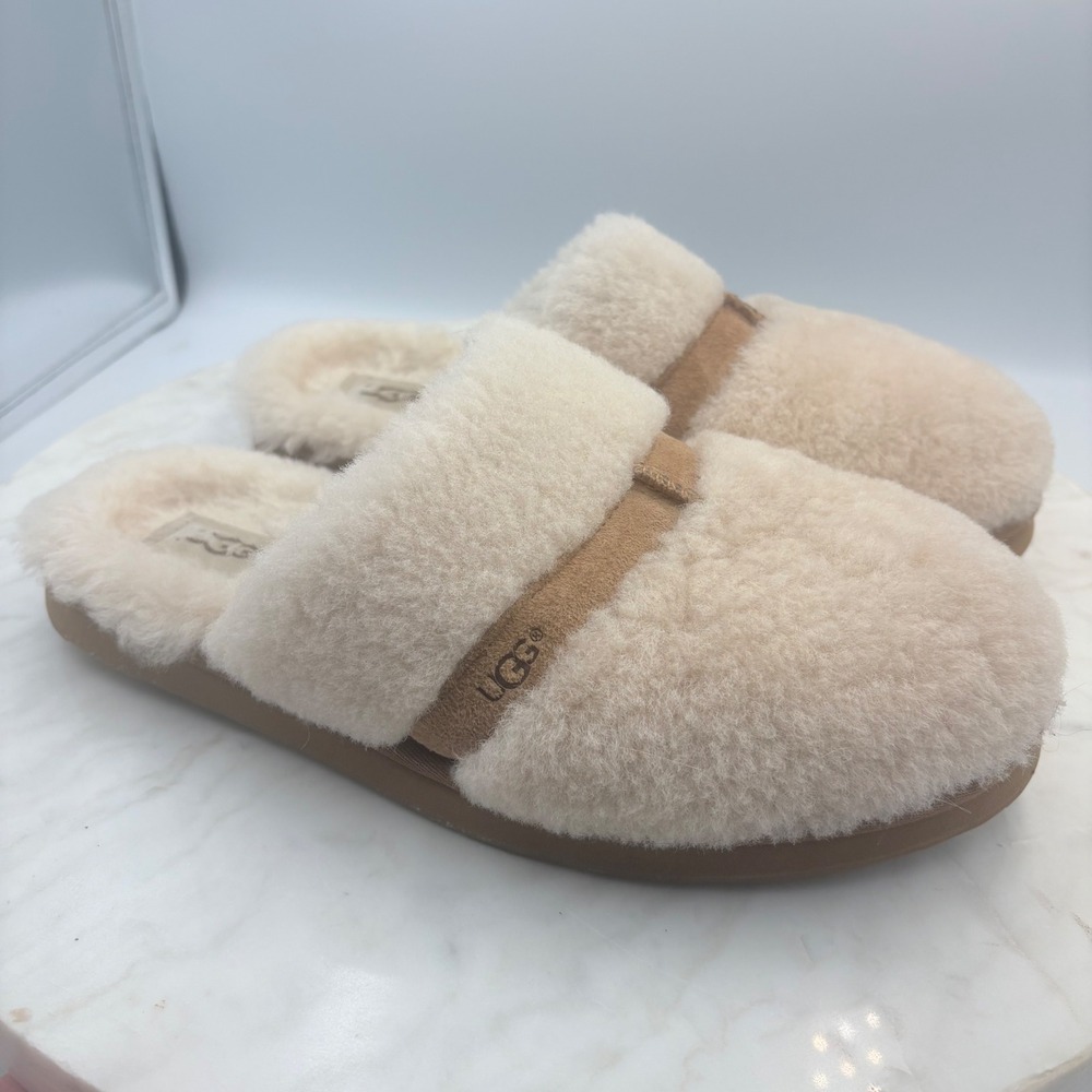 UGG Dallas Slippers Women's 9 Cream Sheepskin Slide Sandals Cozy Warm Hard Sole